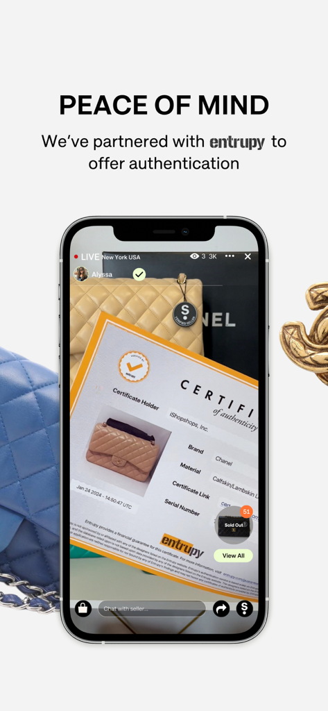 ShopShops: Designer Deals Live - ShopShops app live stream showing an Entrupy certificate of authenticity for a designer bag