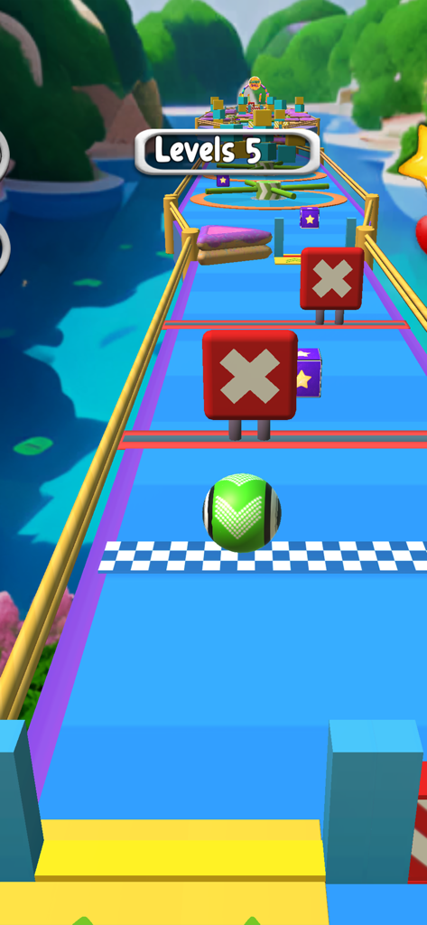 Rolling Ball Sky Escape Game - A green rolling ball moving along a blue track with red obstacle boxes in the Rolling Ball Sky Escape Game