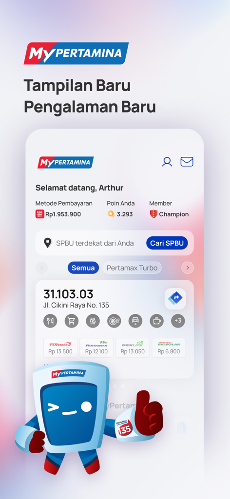 MyPertamina - MyPertamina app dashboard showing balance, points, and fuel prices