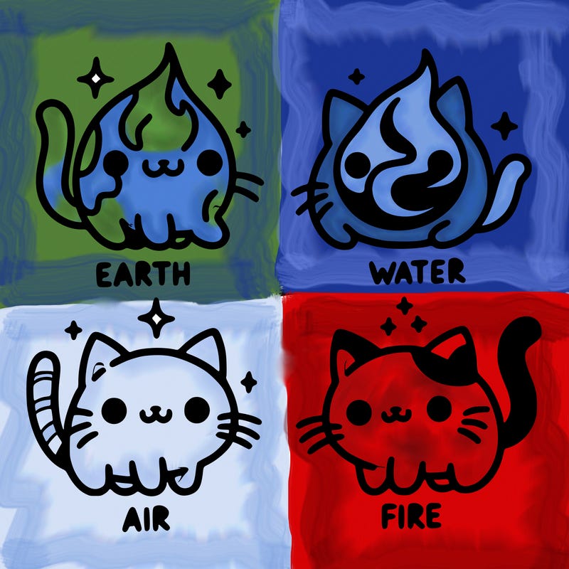 4 cats that represent the different elements, earth, water, air, and fire