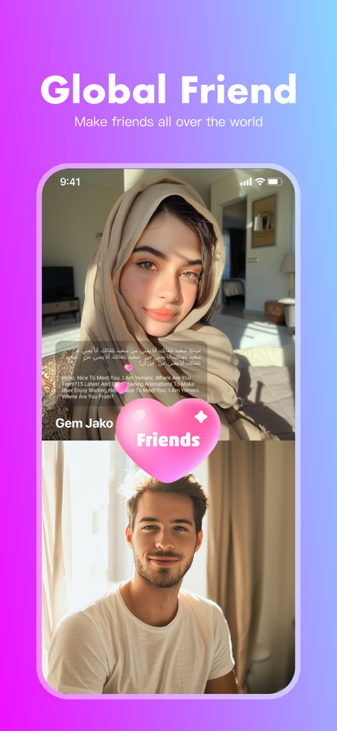 Yaha - Chat&Meet real friends - Split screen video call on Yaha app showing real time translation between users from different countries
