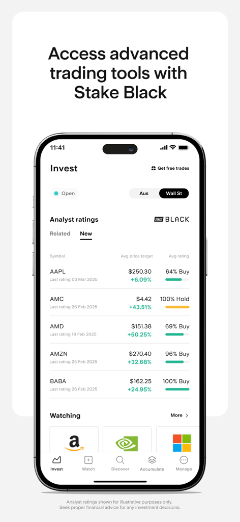 Interface Stake Black avec les notations des analystes et les objectifs de prix pour les actions de Wall Street.