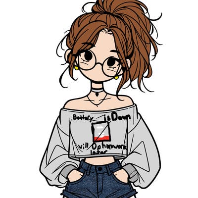 girl with a messy ponytail glasses a baggy crop top and jean shorts