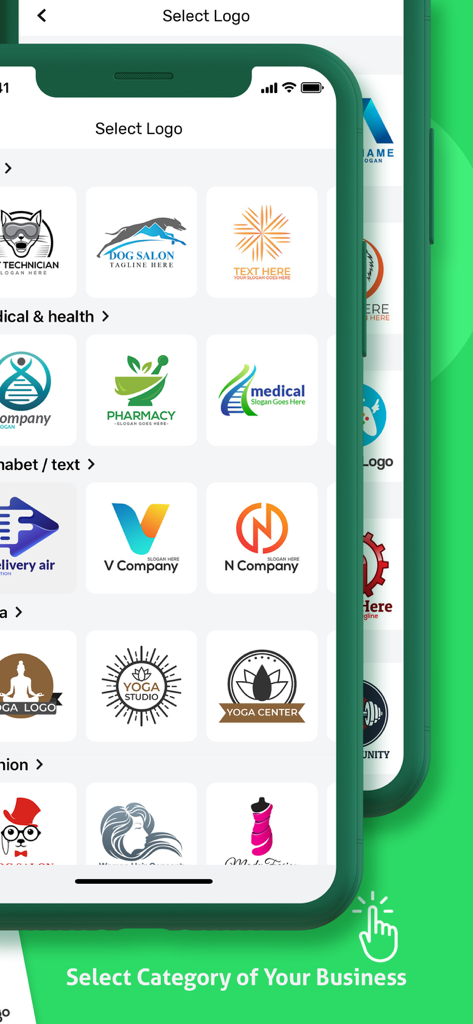 Logo Maker - Logo Creator - Una interfaz de aplicación móvil mostrando una amplia selección de plantillas de logos categorizadas por industria comercial como salud médica y moda.