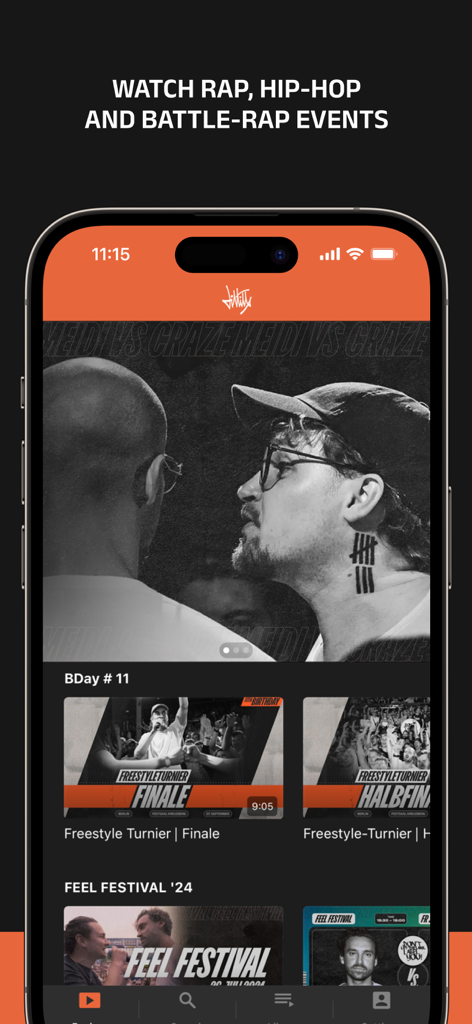 An iPhone displaying the battle(r)app interface showing German acappella battle rap videos and event categories like BDay 11 and Feel Festival.