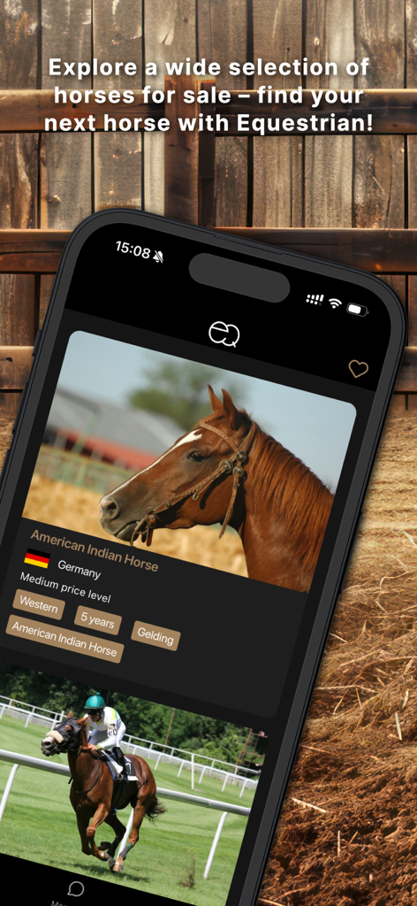 Interfaz de la aplicación móvil Ecuestre que muestra un caballo en venta con información detallada de raza y edad.