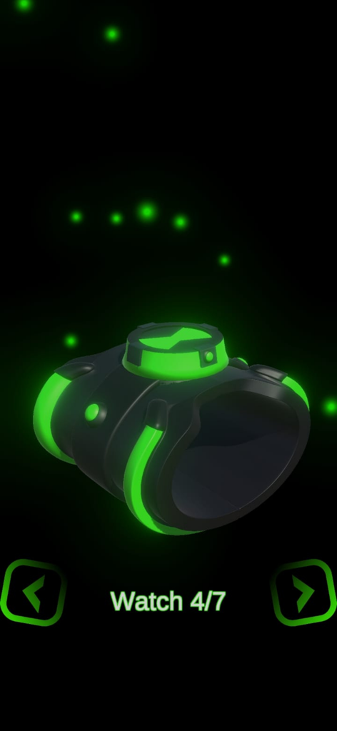 A glowing green 3D model of an alien watch inside the Omnitrix Simulator app