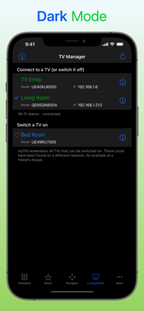 myTifi app TV Manager screen in dark mode showing a list of connected Samsung Smart TVs