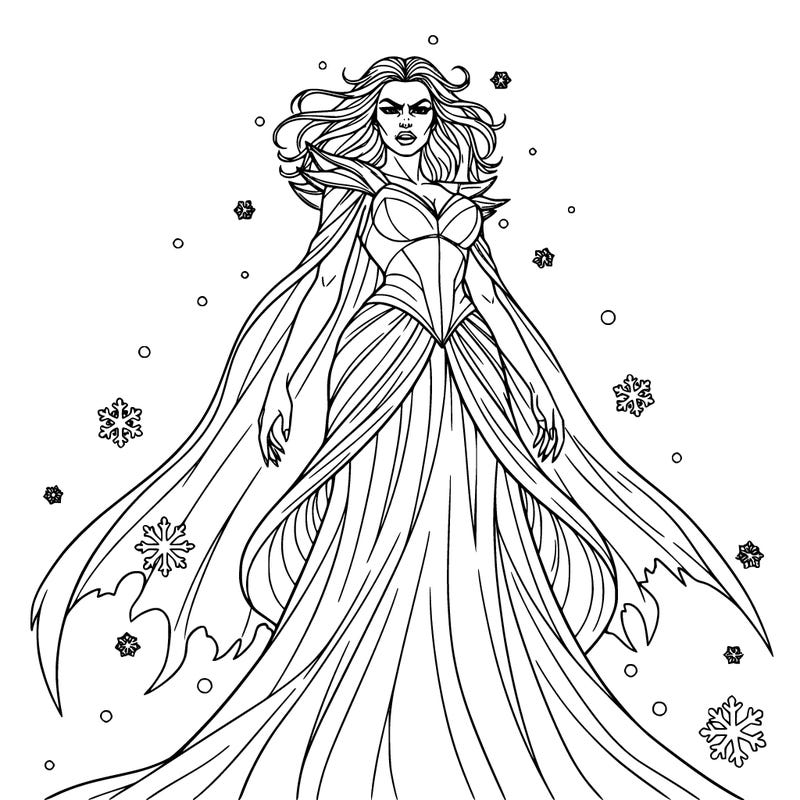make a women with a dark expression like a villain in a dress add small snow flakes