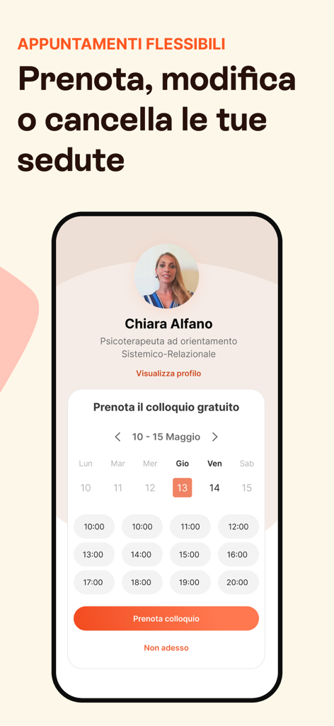 Pantalla de la aplicación Unobravo mostrando el perfil de un terapeuta y un calendario para reservar una sesión introductoria gratuita.