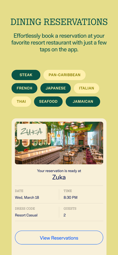 Sandals & Beaches Resorts - Schermata delle prenotazioni per la cena dell'app mobile Sandals e Beaches Resorts con categorie di ristoranti e una conferma di prenotazione per Zuka