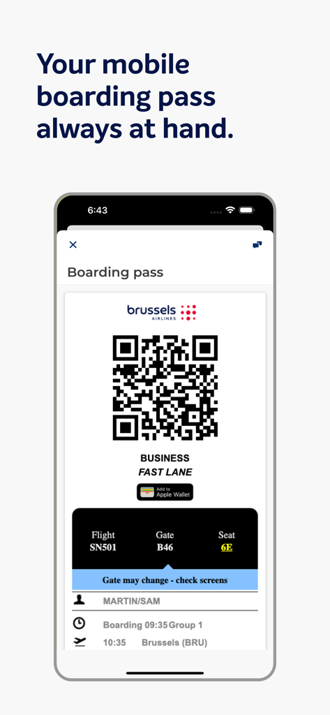 Brussels Airlines digital boarding pass displayed on a mobile phone