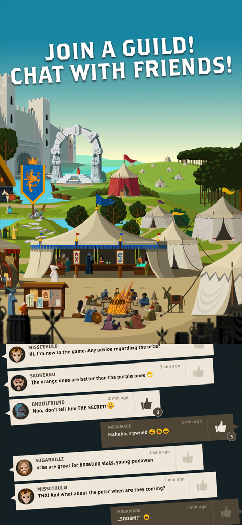 Questland: Turn Based RPG - Questland RPG interface showing player chat and social features in a fantasy guild camp setting.