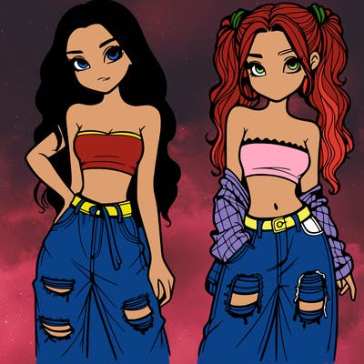 2 girls in crop tops and baggy jeans ripped