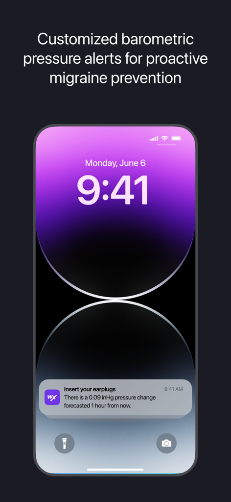 WeatherX app push notification on a smartphone lock screen alerting a barometric pressure change for migraine prevention