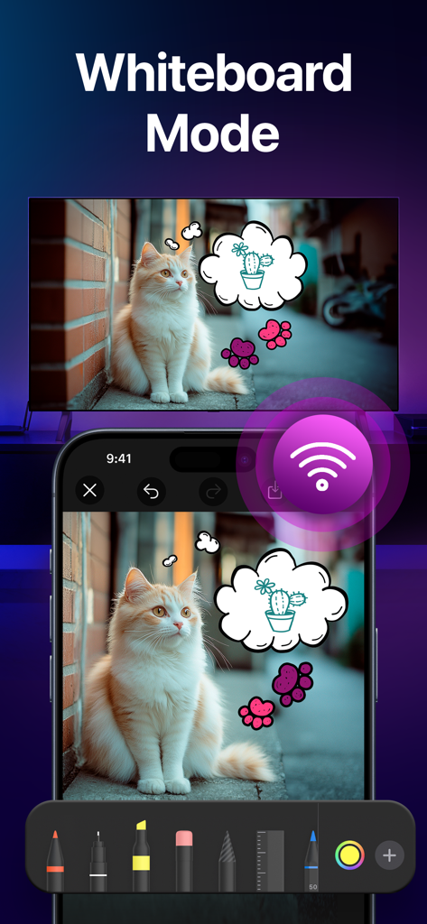 Ein iPhone-Bildschirm zeigt ein Katzenfoto mit handgezeichneten Sprechblasen, das mit der Whiteboard-Funktion der CastOn-App auf einen großen Fernsehbildschirm gespiegelt wird.