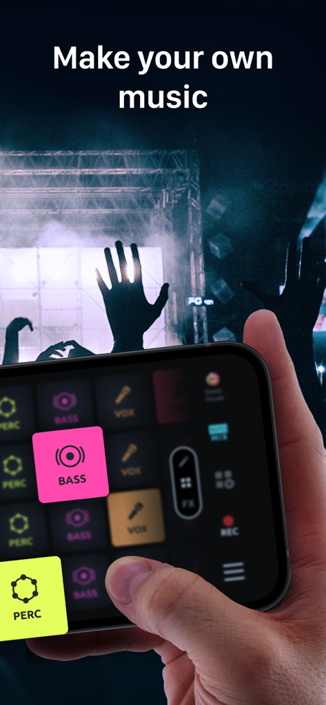DJ Mix Pads 2 - AI Music Mixer - A person using the DJ Mix Pads 2 app to create music on a smartphone