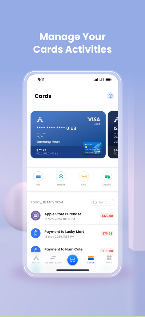 Vattanac Bank mobile app interface for managing card activities and viewing transaction history