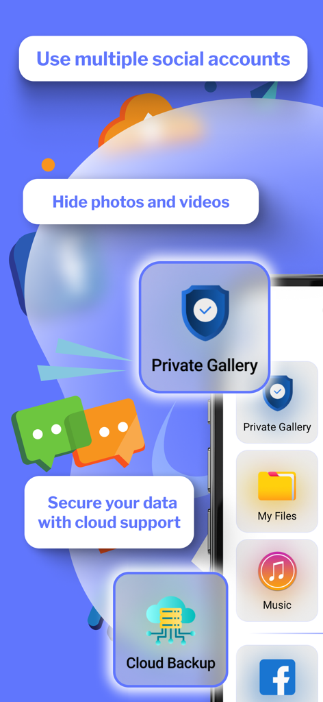 Lista de recursos do aplicativo Dual Accounts mostrando gerenciamento de múltiplas contas sociais e cofre de galeria privada