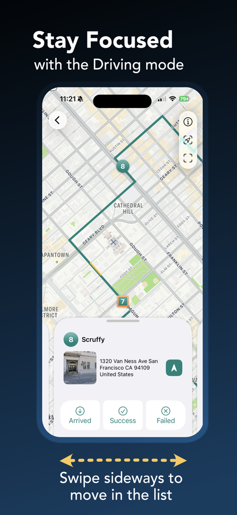 Droppath Route Planner - Modo de conducción de Droppath Route Planner que muestra un mapa con paradas de entrega y botones de estado.