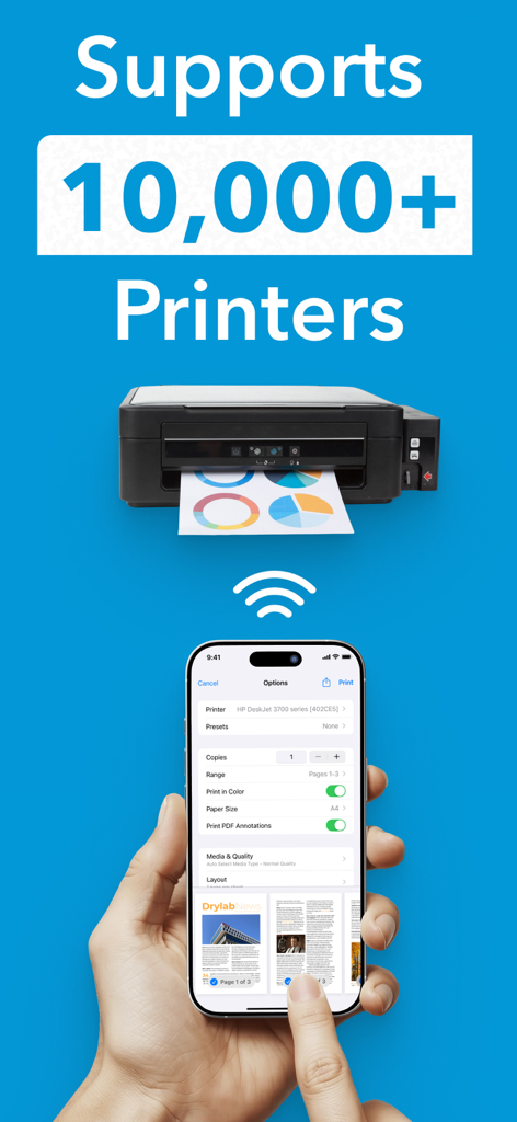 Smart Printer App for HP * - Una mano che tiene uno smartphone che mostra le opzioni di stampa wireless per una stampante HP con testo che indica il supporto per oltre 10.000 stampanti.