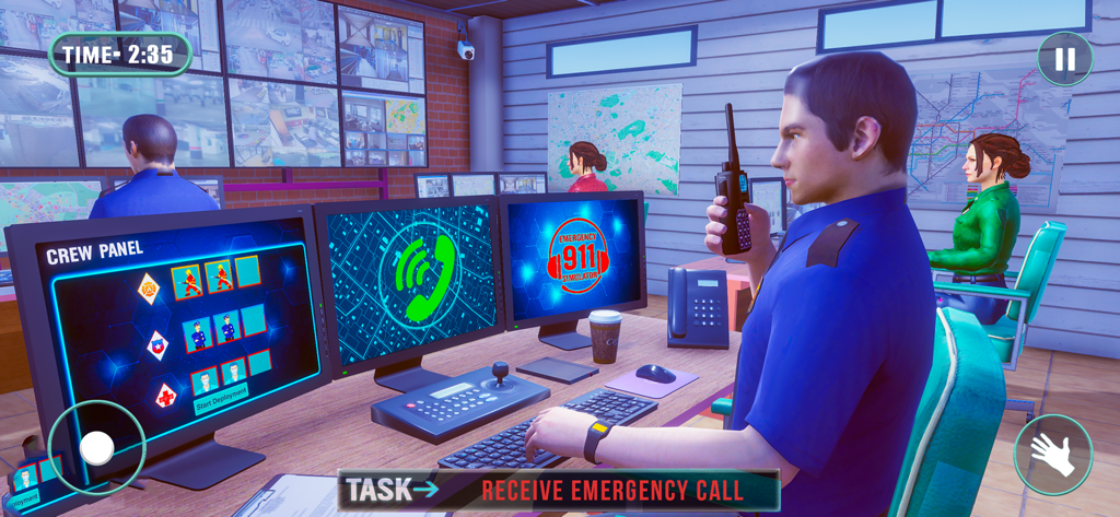 911 Emergency Dispatcher sim - Escena de juego 3D de un despachador del 911 gestionando llamadas de emergencia y unidades de rescate