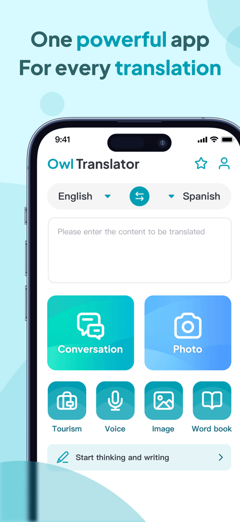 Owl Translator - Owl Translator mobile app main screen featuring text photo voice and conversation translation modes