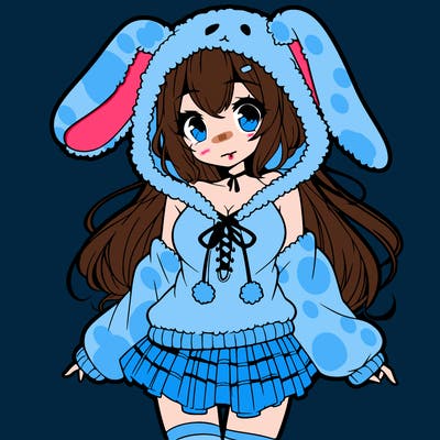 pretty anime girl wearing a fluffy hoodie with bunny ears on the hood and a skirt