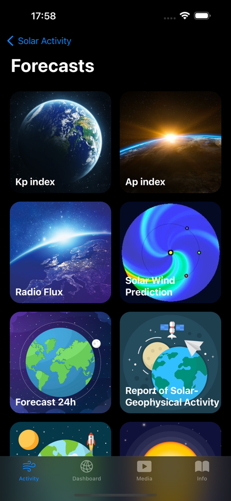 Solar Activity Pro - Tela de previsões do aplicativo Solar Activity Pro mostrando blocos de índice Kp, índice Ap e previsão de vento solar