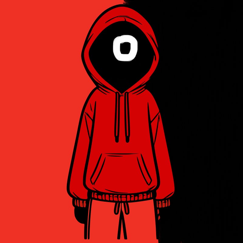 faceless girl in a tracksuit with a hood on and no hair