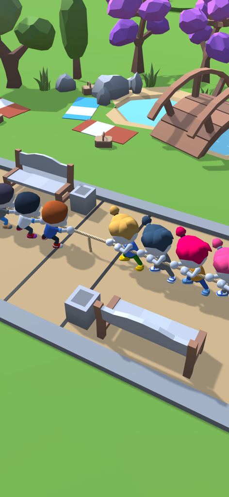 Tug of war mini game with cartoon characters in a park