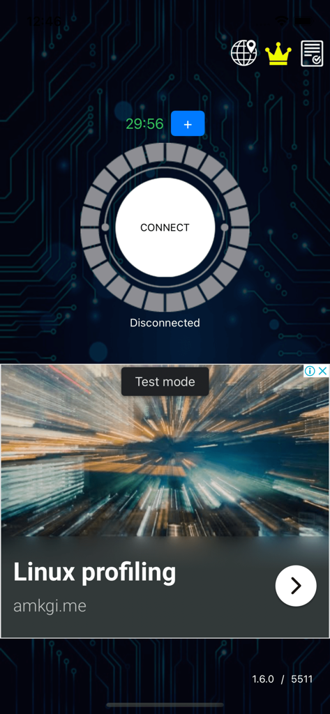 SPL VPN - Main screen of the SPL VPN app featuring a central connect button on a digital circuit background