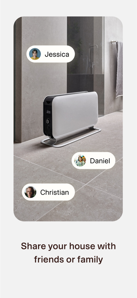 A modern interior featuring a Mill heater with user profile bubbles indicating the household sharing feature for family and friends