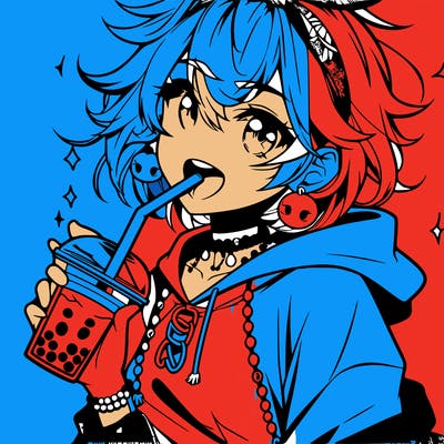 hot baddie anime girl drinking boba and biting the straw