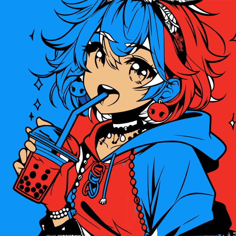 hot baddie anime girl drinking boba and biting the straw