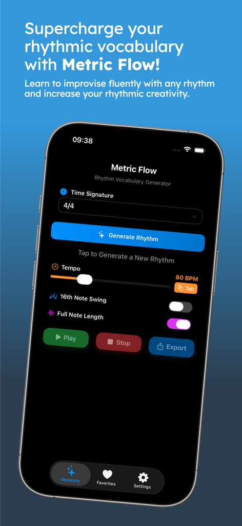 Metric Flow - Interfaz de la aplicación móvil Metric Flow que muestra controles de generación de ritmo, incluyendo compás, tempo y botones de reproducción.