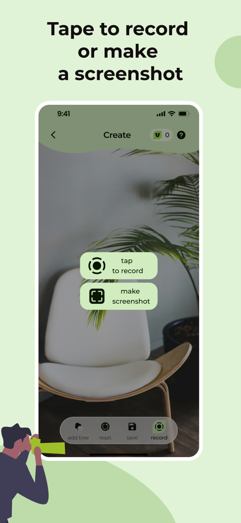 Virtual Garden: Landscaping - Benutzeroberfläche der Virtual Garden App mit Optionen zum Aufnehmen eines Videos oder zum Erstellen eines Screenshots eines AR-Landschaftsentwurfs