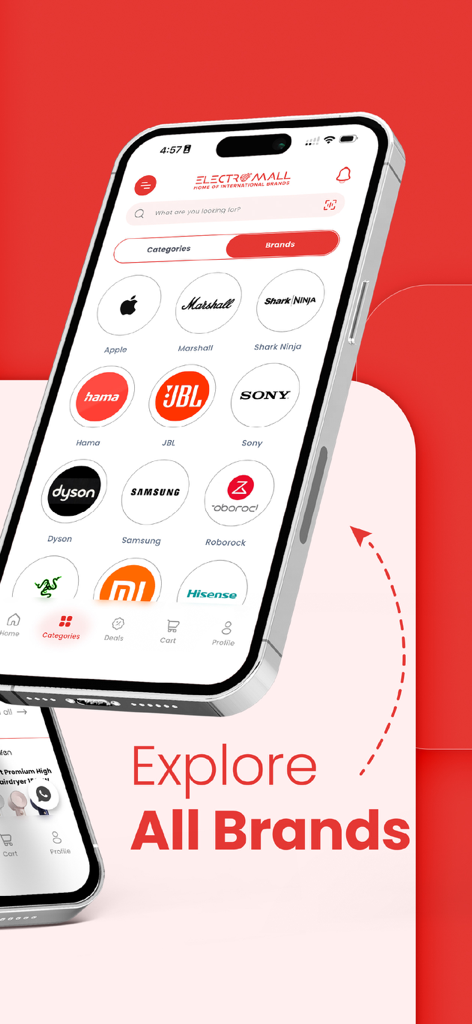 Electro Mall - Electro Mall mobile app interface displaying a grid of international brand logos including Apple Sony and Samsung