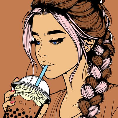 realistic girl drinking boba tea with braided hair
