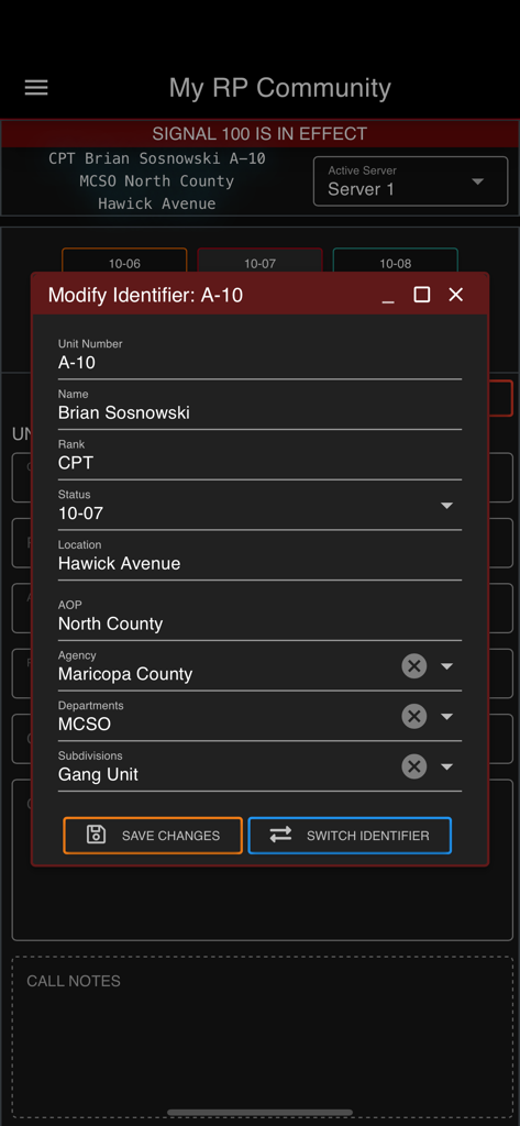 Sonoran CAD - Mobile interface for modifying a roleplay character identifier showing unit number, name, rank, and agency details.