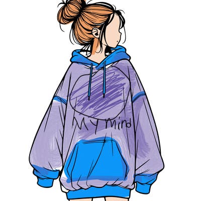 realistic girl with a oversized sweatshirt on and a bun
