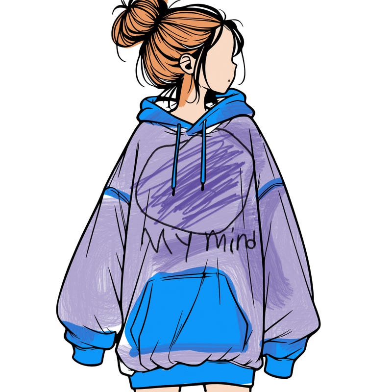 realistic girl with a oversized sweatshirt on and a bun