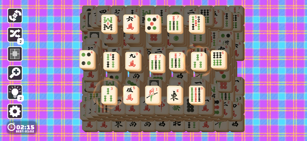 Mahjong Joy - Solitaire Tiles - Mahjong Solitaire game board with traditional tiles on a purple plaid background