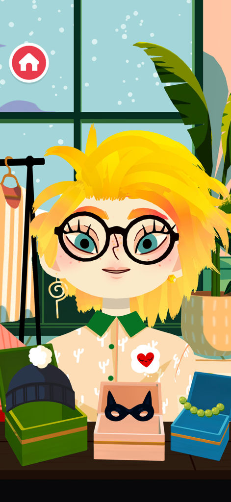 Toca Boca Hair Salon 4 NETFLIX - Toca Boca 헤어 살롱 4에서 모자, 마스크, 목걸이 중에서 선택하는 노란 머리와 안경을 쓴 캐릭터.