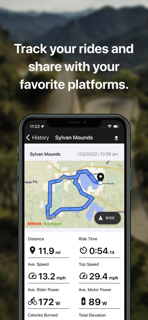 Trek Central - Smartphone screen displaying Trek Central app ride history with map route and performance data