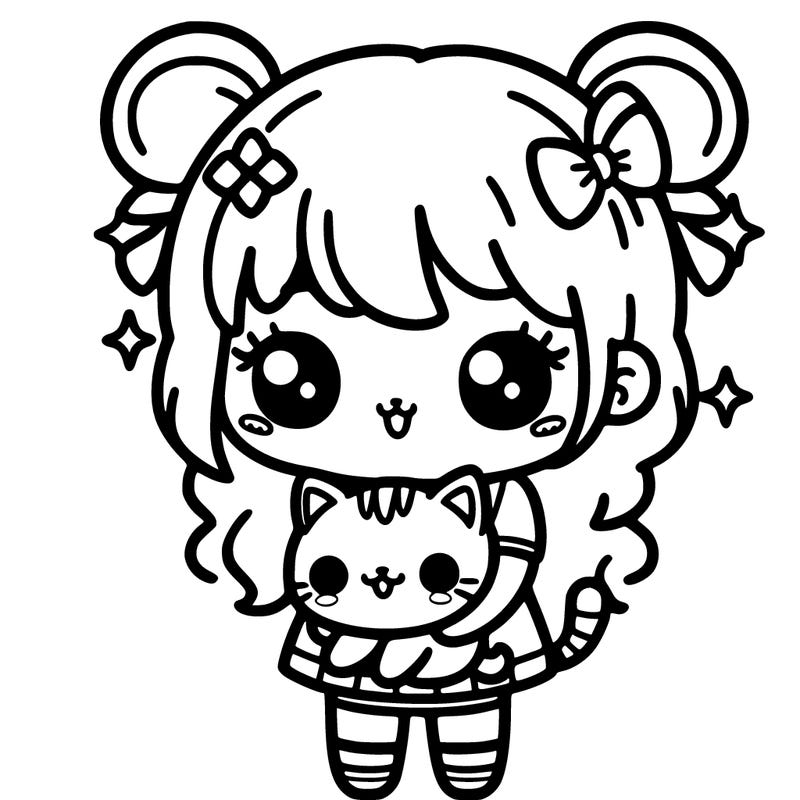 kawaii girl with a cute cat in her arms