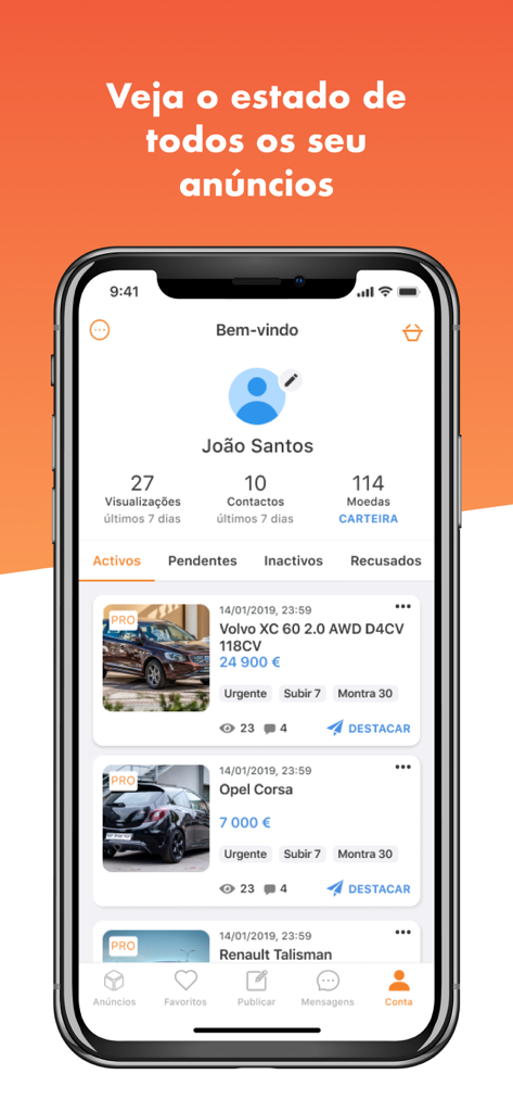 CustoJusto - CustoJusto app account dashboard showing active car advertisements and listing performance statistics