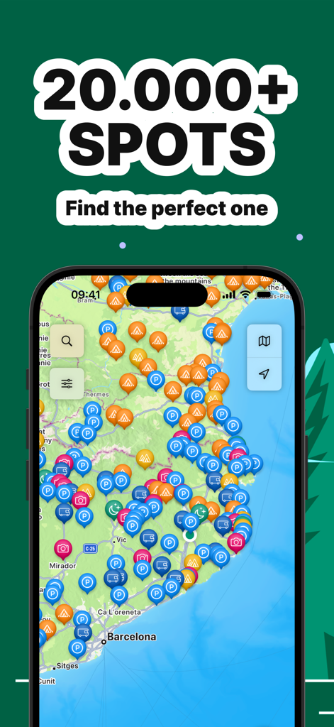 Campernight RV & Camper Spots - Map interface of Campernight app showing numerous RV and camper spots with custom icons