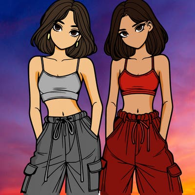 two girls with crop top with baggy pants