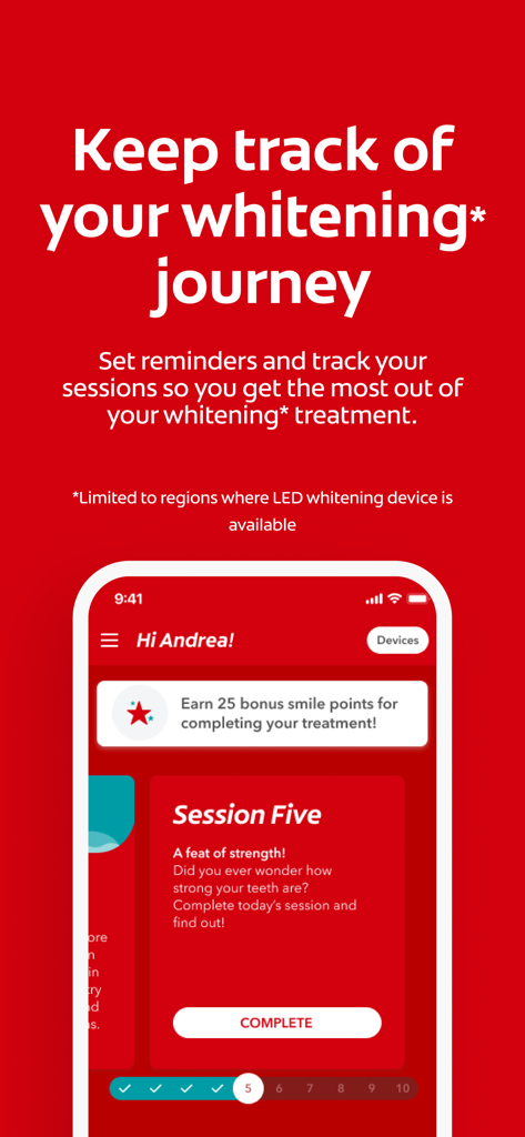 Colgate Connect - Colgate Connect App-Bildschirm, der einen Fortschrittsverfolger für die Zahnaufhellungssitzung mit Belohnungen und Fortschrittsüberwachung anzeigt